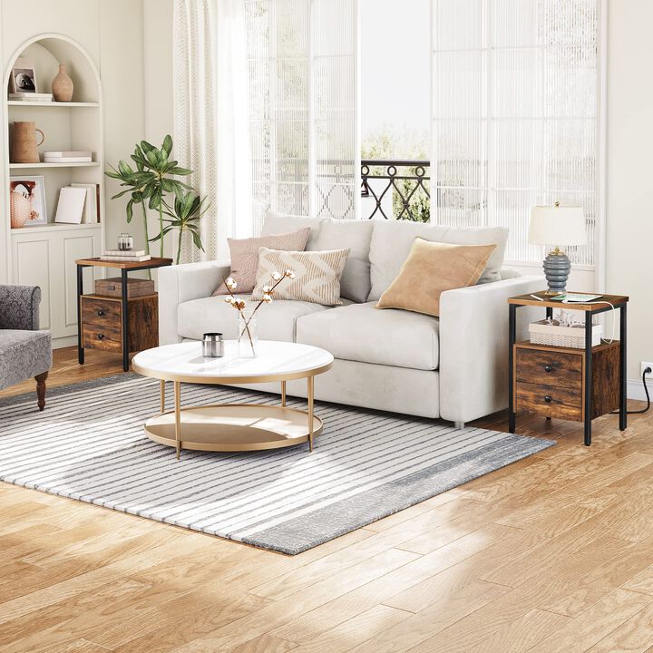 HOOBRO End Table with Charging Station and USB Ports, Side Table with Drawers and Storage Shelf, Set of 2, Bedside Table for Sma