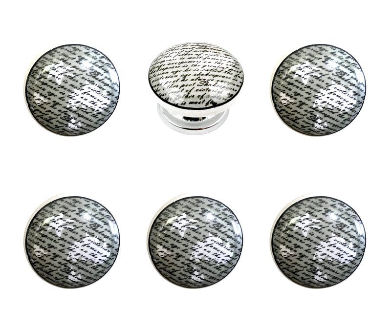 HomeRoots Set of Six White Poetic Script Ceramic Drawer Pull Knobs image number 3