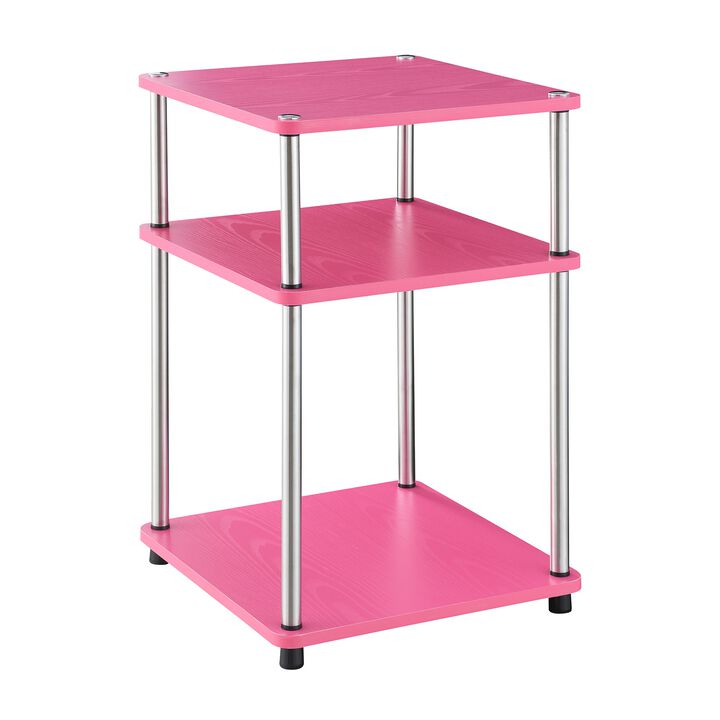 Convenience Concepts Designs2Go No Tools 3 Tier End 15.75"-Contemporary Modern Side Table with Storage Shelf for Family Room, Office, Pink/Chrome