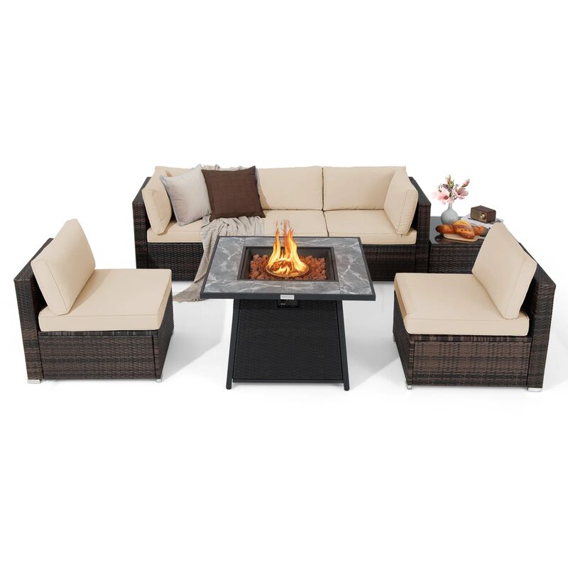 Mondawe Modular 7-Pcs Design PE Rattan Sofa Set,With 50K BTU Fire Pit & Detachable Cushions Chair