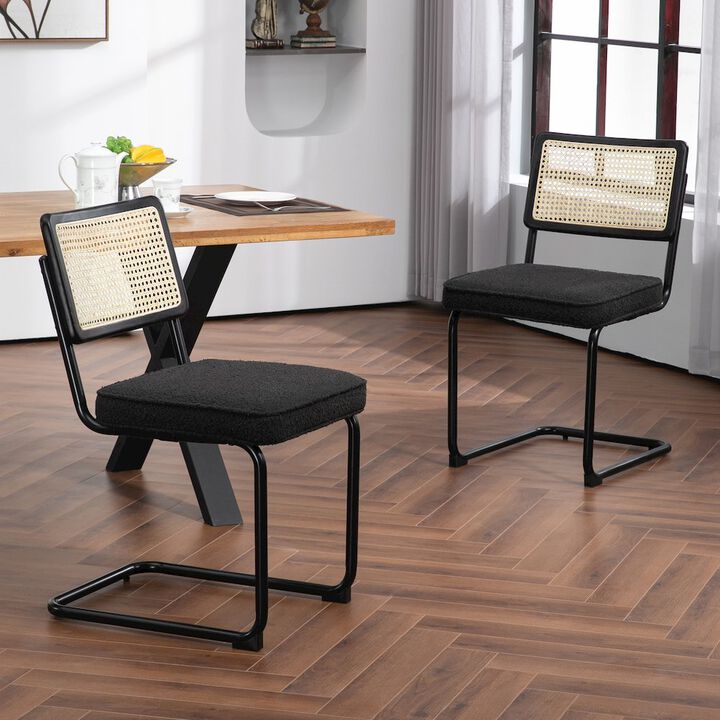 Glamour Home Set of 2 Black Boucle Fabric Dining Chair Rattan Backrest and Black Iron Legs