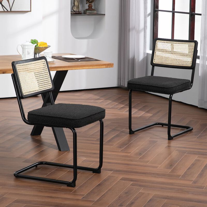 Glamour Home Set of 2 Black Boucle Fabric Dining Chair Rattan Backrest and Black Iron Legs