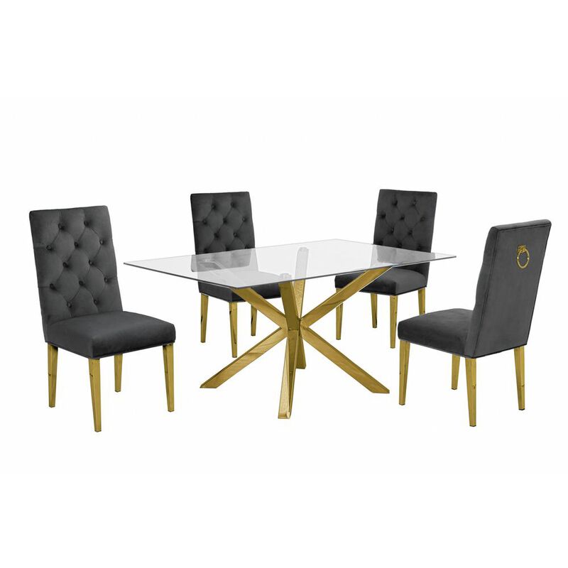 Contemporary 5pc Dining Set, Glass Dining Table w/Stainless Steel Gold Base & Velvet Tufted Chrome Leg Dining Chairs, Dark Grey