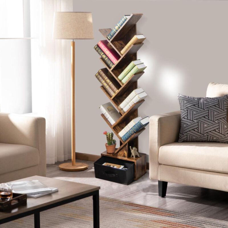 Hivvago 10-Tier Bookshelf with Drawer Free-standing Storage Bookcase