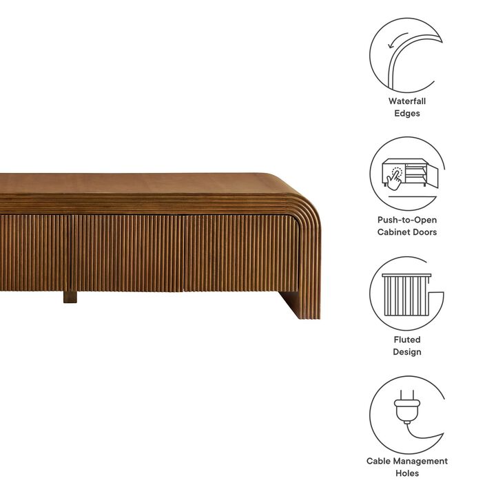 Modway Waterflute 68 Inch Modern Fluted TV Stand in Walnut &ndash; Low-Profile Entertainment Console with Adjustable Shelves &ndash; Wood Media Cabinet with Cable Management for Living Room