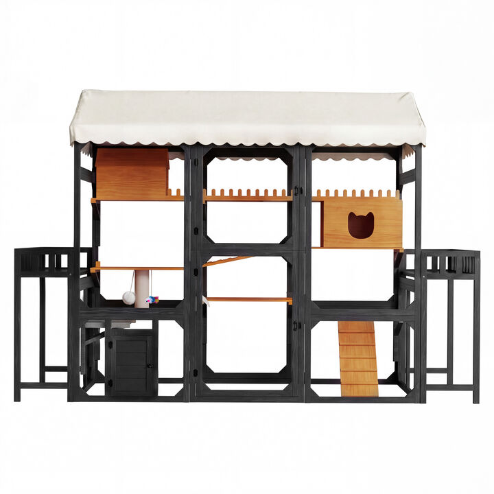 Whisen 108" Large Outdoor Pet Furniture with 2 Plant Stands, 6 Platforms, Metal & Pine Wood, Backyard Catio for Multiple Cats