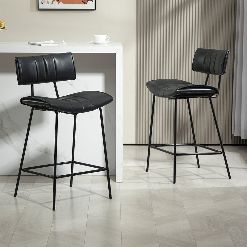 Glamour Home Set of 2 Belita Black Faux Leather Counter Stool with Black Metal Legs