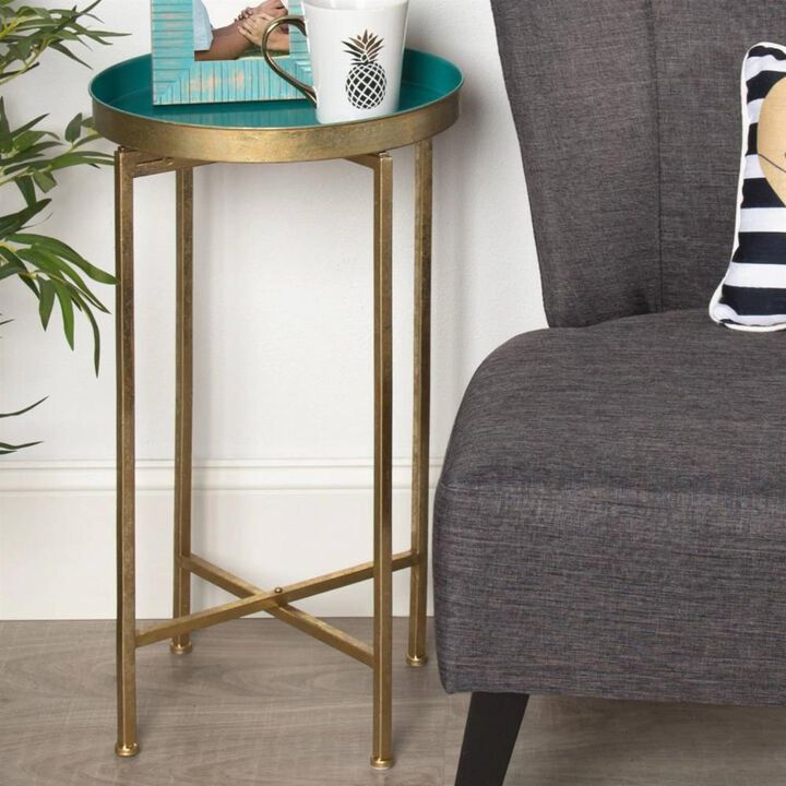 Hivvago Gold Finish Metal Round End Table Nightstand with Removable Teal Tray Top