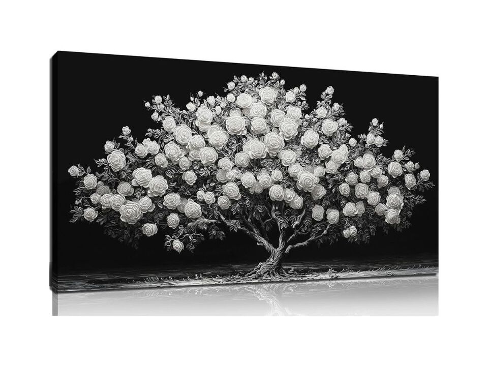 White Rose Tree Wall Art Floral Picture Black Decor for Bedroom Office 20"x40"