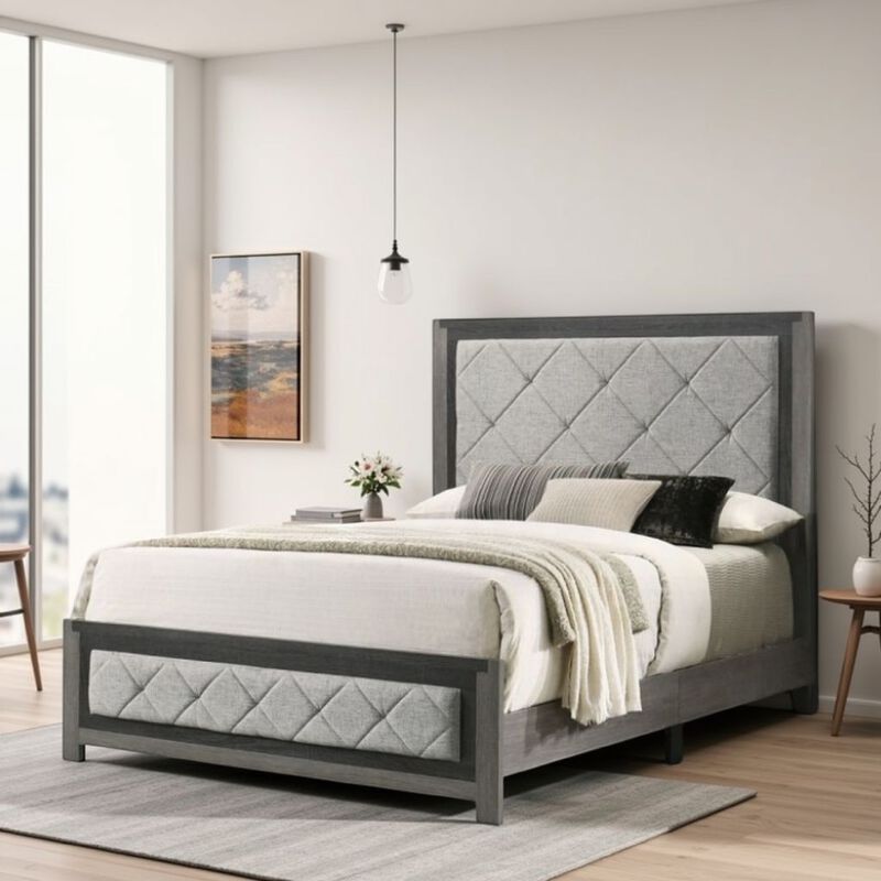Joho King Bed with Gray Diamond Button Tufted Upholstery, Modern Gray - Benzara