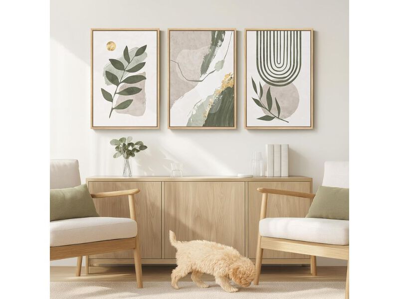 Large Framed Boho Sage Green Abstract Wall Art 3 Piece Leaf Canvas Decor 16x24 Inch image number 1