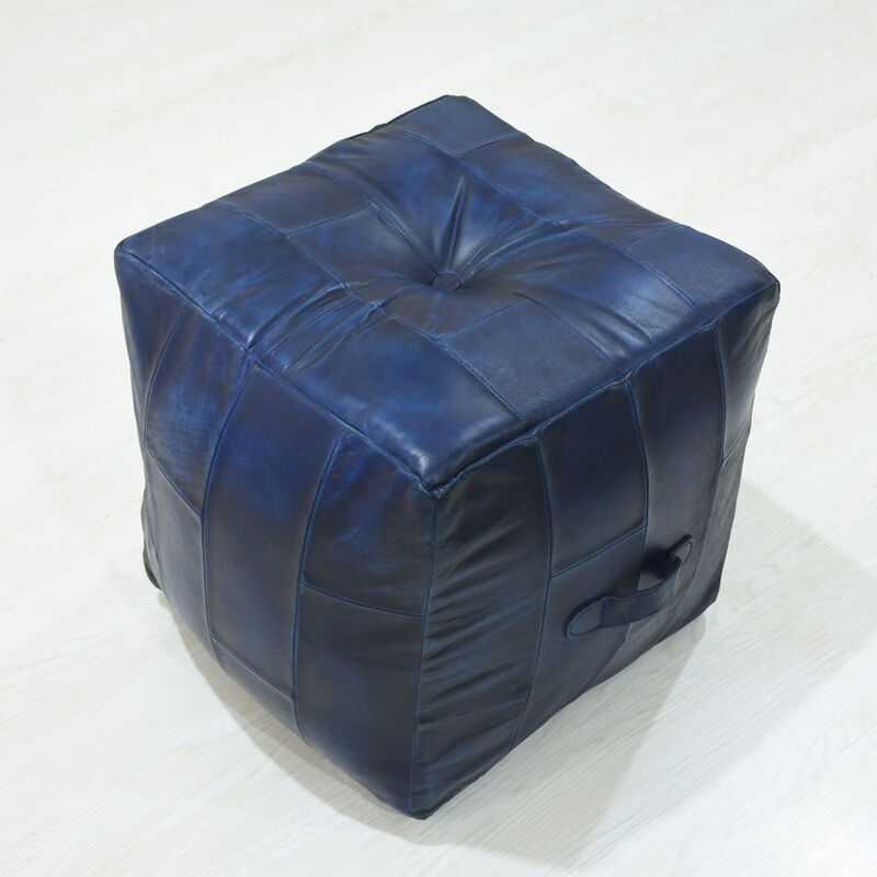Geometric Handmade Leather Square Pouf 14"x14"x14" (Recycled Foam with Fibre Fill) Vintage Blue Color MABBBACPF25 BBH Homes