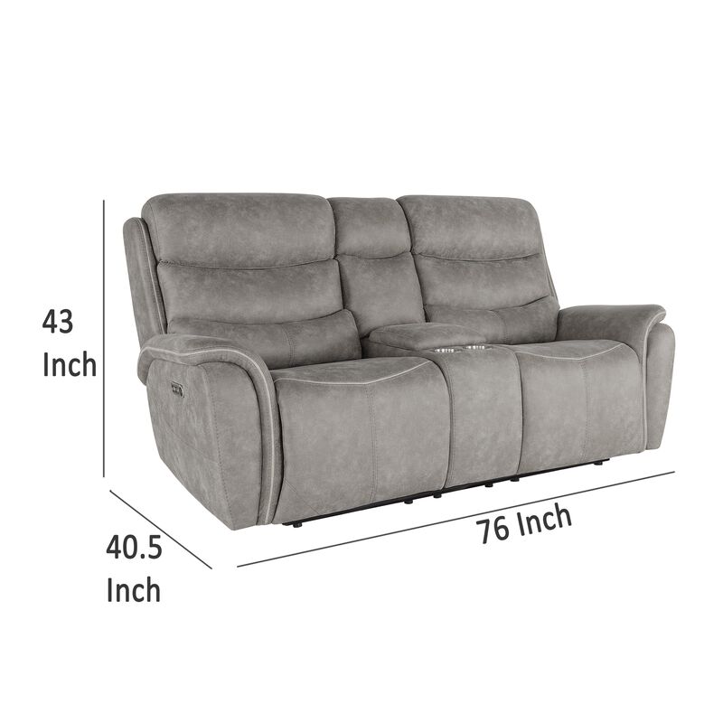 Folu Power Reclining Sofa, 76 Inch, Gray Fabric Upholstery, USB Ports - Benzara