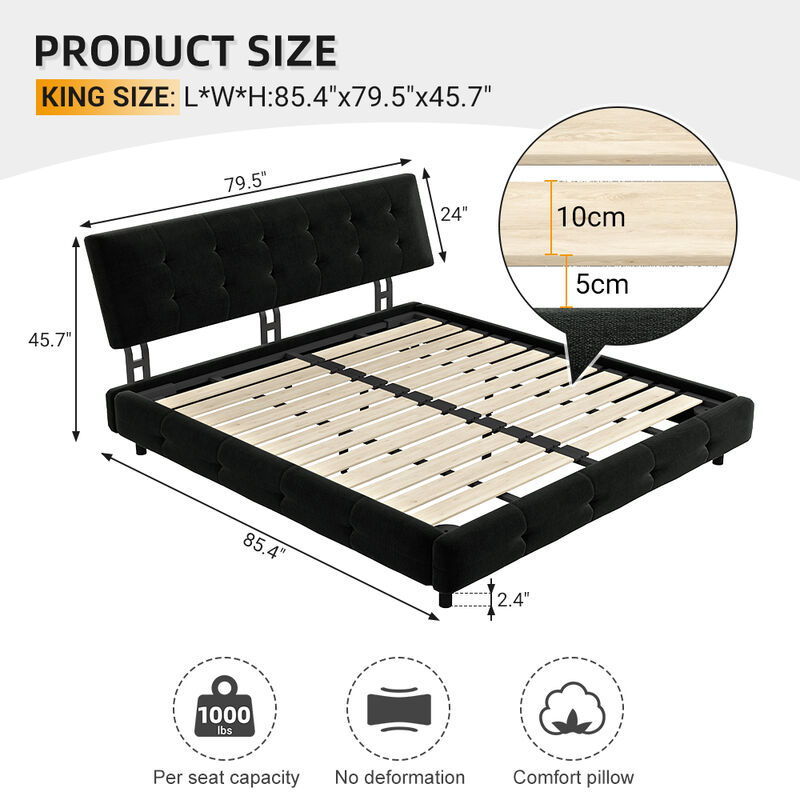 Whisen King Size Kids Bed Frame, Chenille Platform Bed with Tufted Headboard image number 9