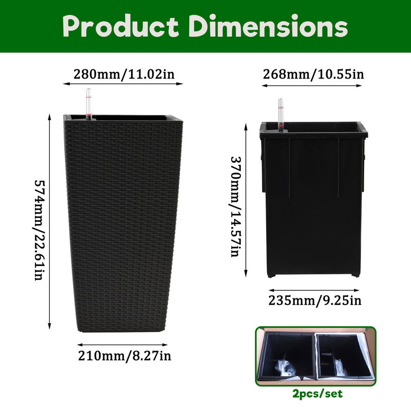 WOW PIONEER 2 Pack High Square Faux Rattan Planters with Automatic Watering System image number 2