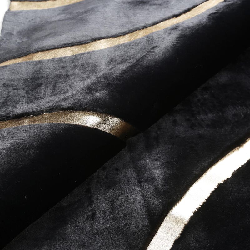 Gold Striped Black Geometric Fur Plush Rug