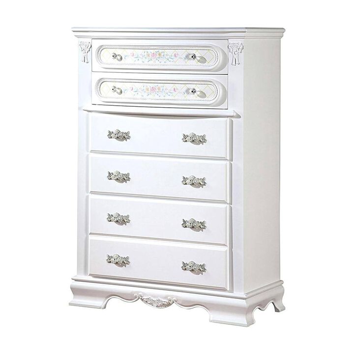 Benjara Auri 52 Inch Tall Dresser Chest, 5 Drawers, Crown Molding, White Wood