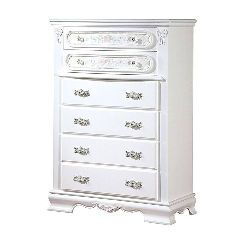 Benjara Auri 52 Inch Tall Dresser Chest, 5 Drawers, Crown Molding, White Wood