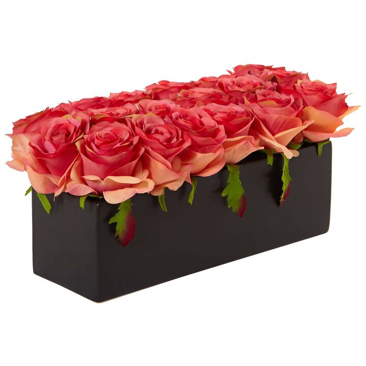 Nearly Natural 6-in Roses in Black Rectangular Planter Red