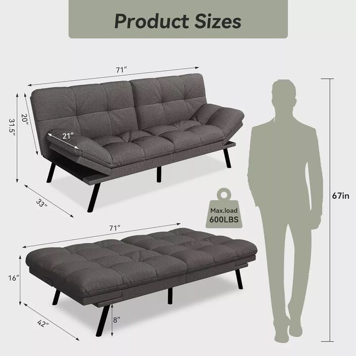 71" Modern Convertible Futon Sofa Bed, Sleeper Couch with Adjustable Back & Armrests for Living Room