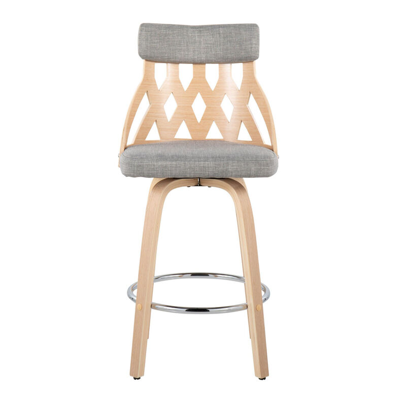 Lumisource York Mid-Century Modern Counter Stool in Natural Wood, Fabric with Chrome Footrest