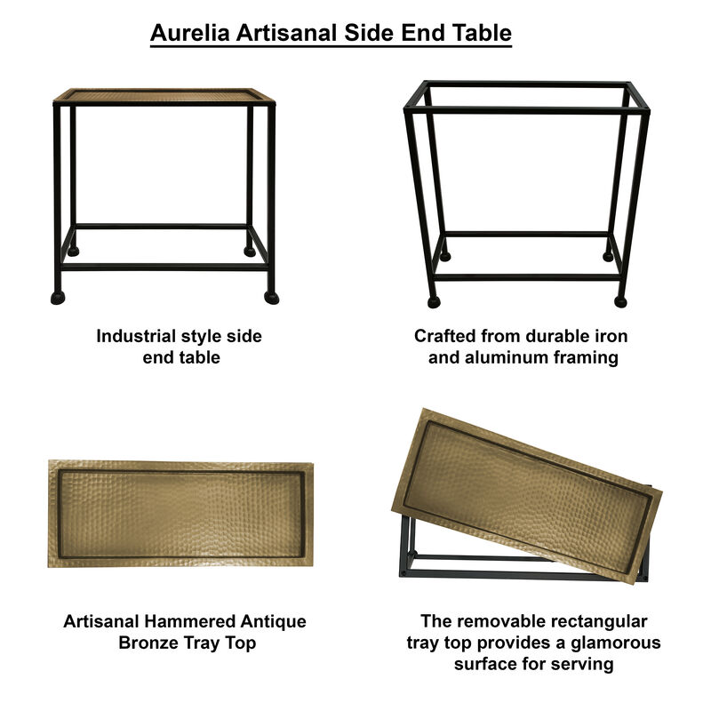 Aurelia 20 Inch Artisanal Side End Table, Hammered Tray Top, Antique Bronze, Industrial Black Iron Frame-Benzara