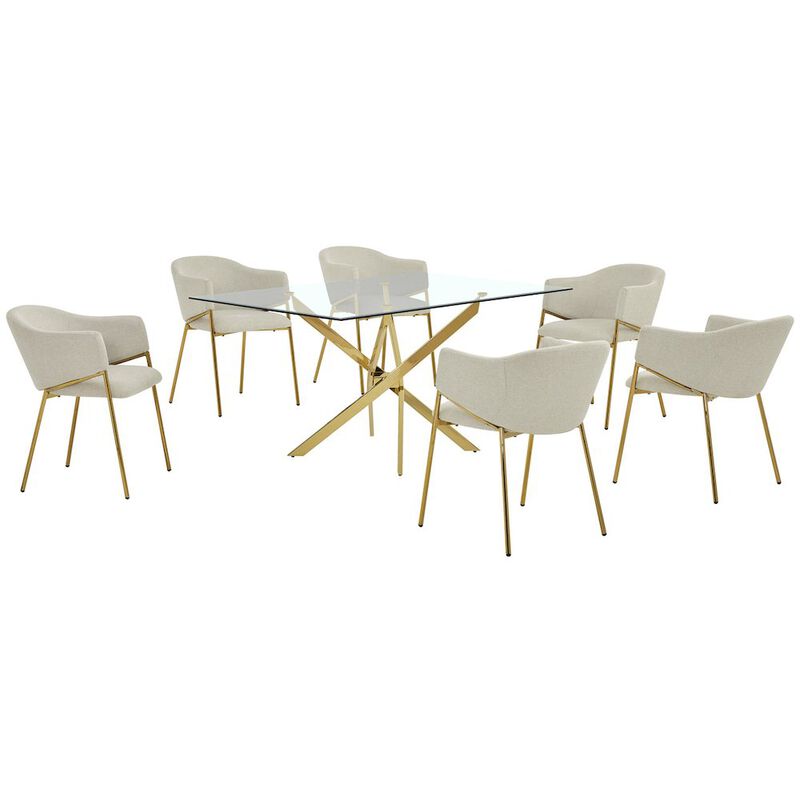 Best Quality Furniture 7Pc Rectangle Glass Dining Table With 6 Beige Side Chairs