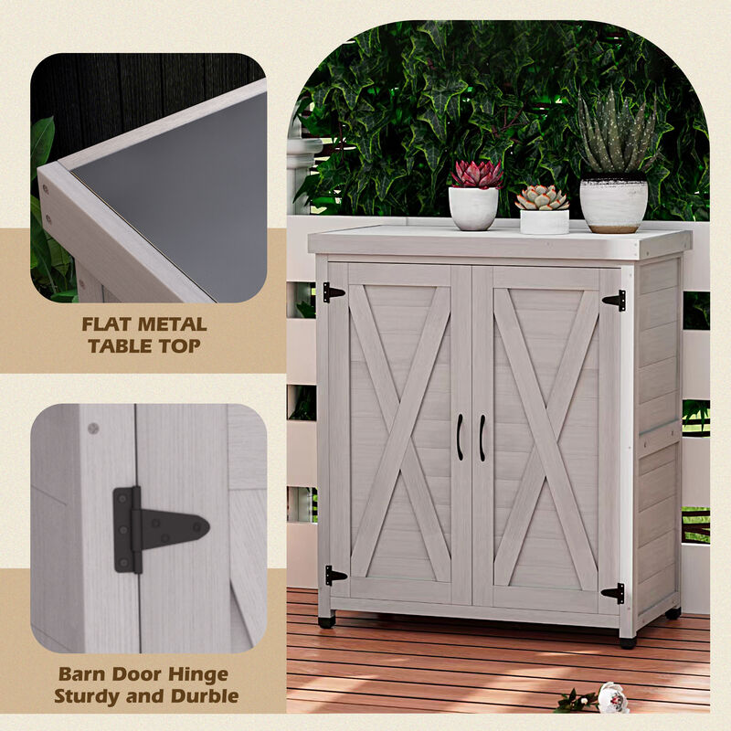 Potting Table with Storage Cabinet and Metal Table Top for Outdoor Gardening