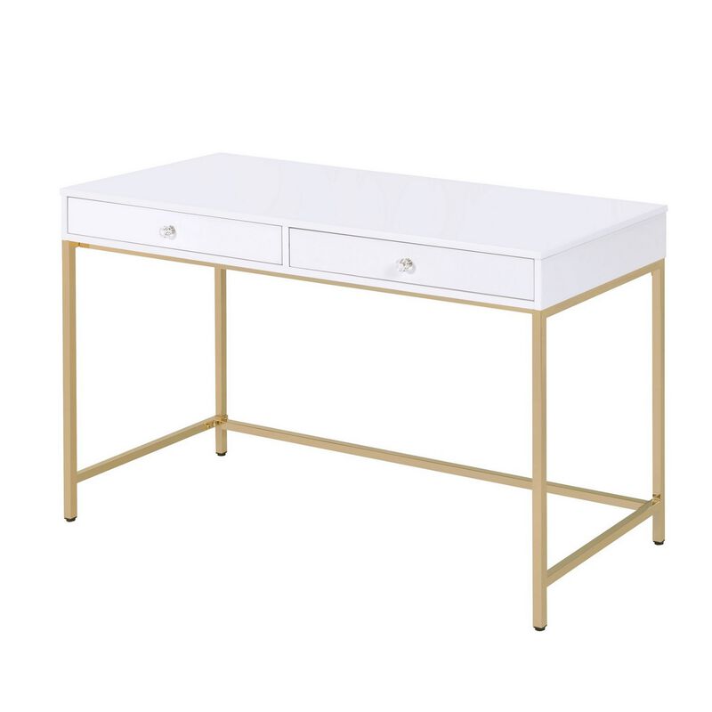 Two Drawers Wooden Desk with Tubular Metal Base, White and Gold-Benzara