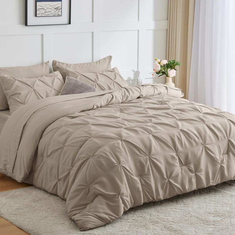CozyLux King Size Comforter Set - 7 Pieces Bed in a Bag Oatmeal King, Pintuck Comforters Pinch Pleat Bedding Sets with All Seaso