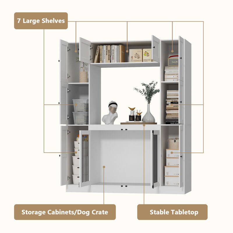 Dog House Storage Cabinet Bookshelf Furniture Style, Indoor Wood Dog Crate Bookcase with 7 Large Shelves, White