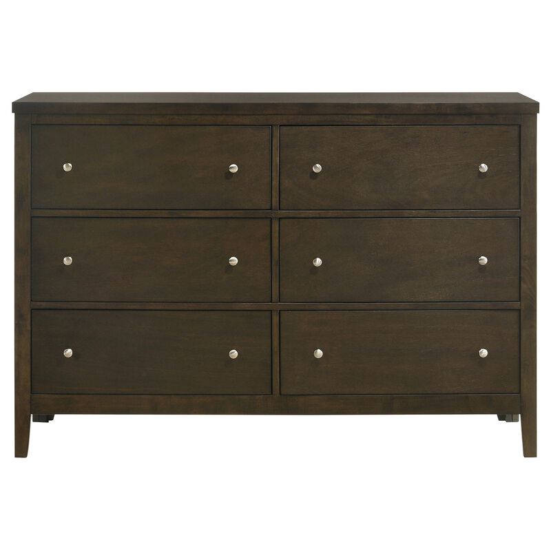 Wily Wide Dresser, Dark Brown Wood, 6 Drawers with Round Nickel Knobs - Benzara