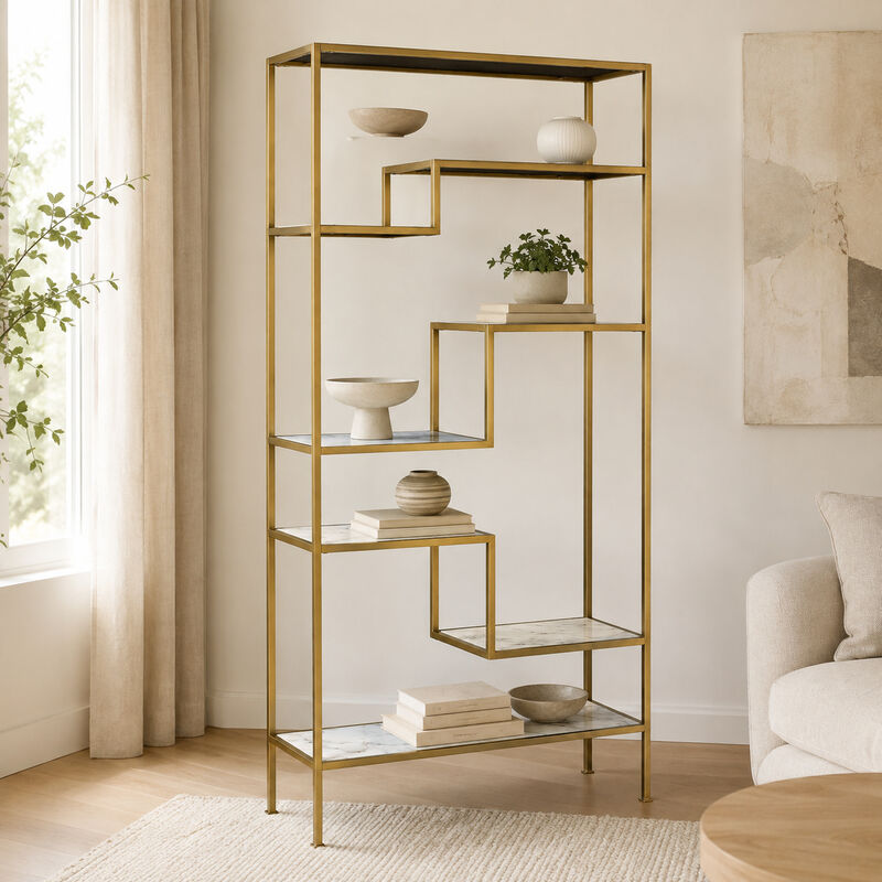 Teamson 5-Tier Display Shelf, Faux Marble Shelves, Brass Metal Frame, 40 x 13.5 x 72in, Open Storage Bookcase, Anti-Tip Hardware, Modern Marmo Collection image number 4