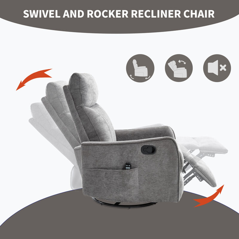 Heat Massage Manual Recliner Chair with Rocker and Swivel in Fabric for Living Room, Dark Grey