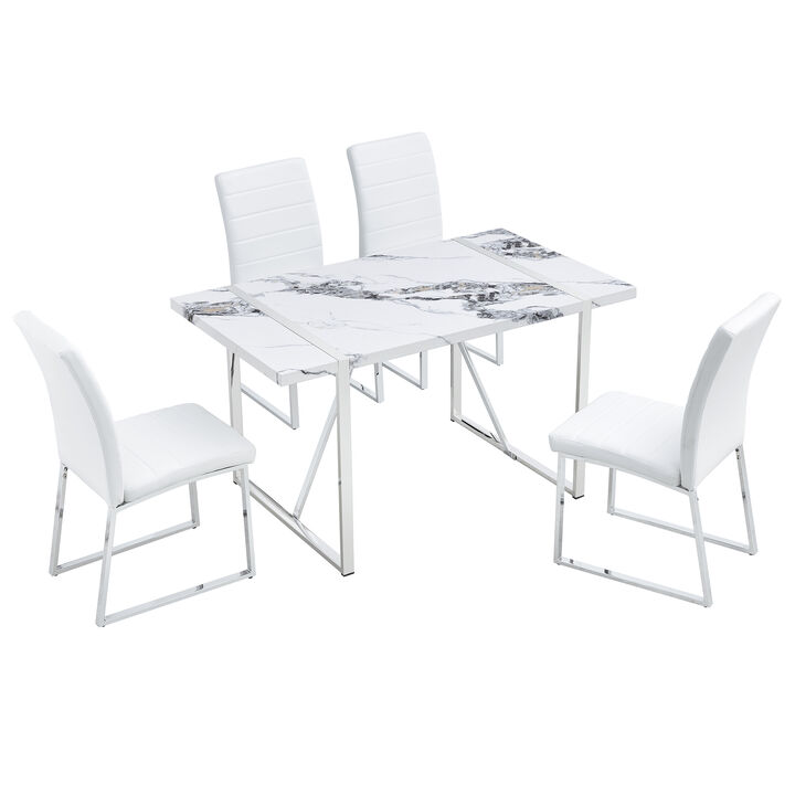 Merax 5-piece Dining Table Chairs Set, Faux Marble Modern Dining Table and Faux Leather Chairs for Kitchen Dining Room