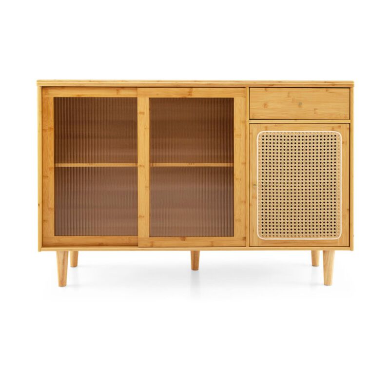 Hivvago Modern Bamboo Buffet Sideboard Cabinet with Tempered Glass Sliding Doors-Natural