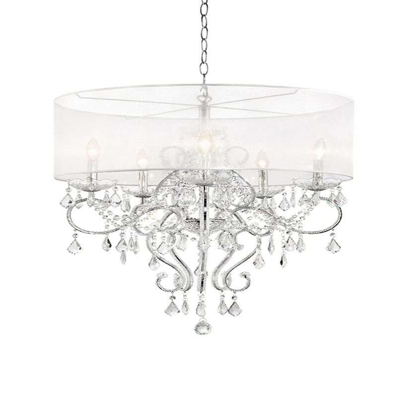 32 Inch Ceiling Lamp with Hanging Crystals, Round Canopy, Silver - Benzara