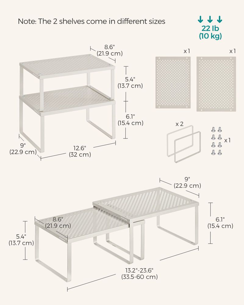 Set of 2 Stackable and Expandable Metal Cabinet Shelf Organizers for Kitchen Counter