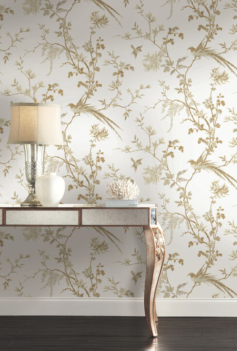 Bird & Blossom Chinoserie White & Gold Wallpaper
