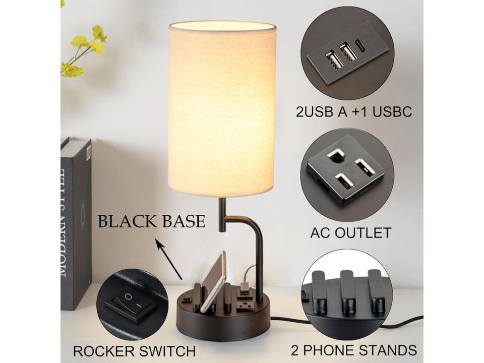 Modern Table Lamp Set of 2 with USB Ports Outlet and Phone Stand Cream