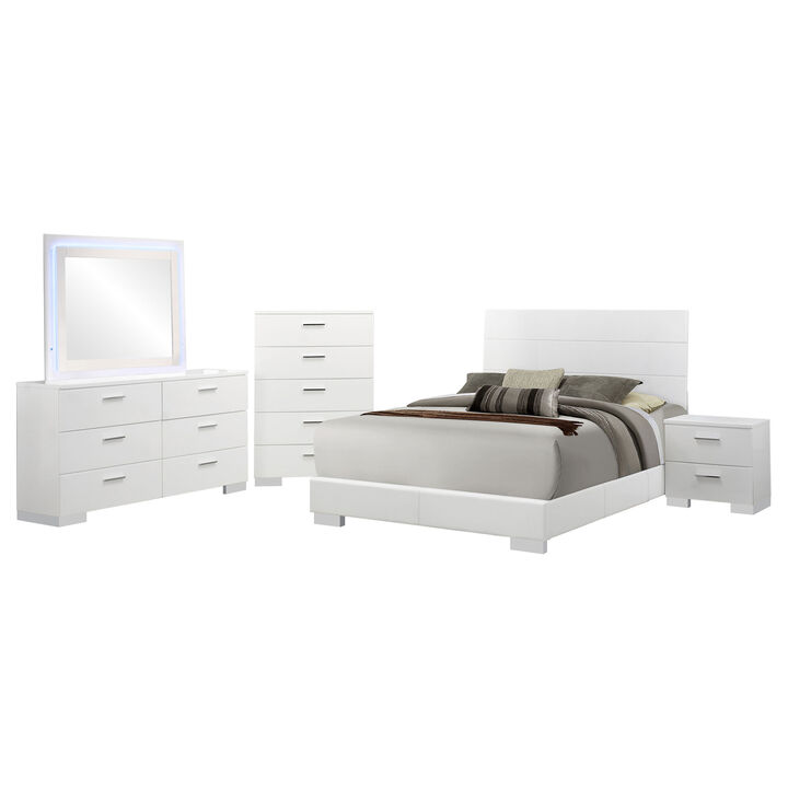 Sok 5pc Queen Bedroom Set, Blue LED Lights, Chrome Metal, White Wood