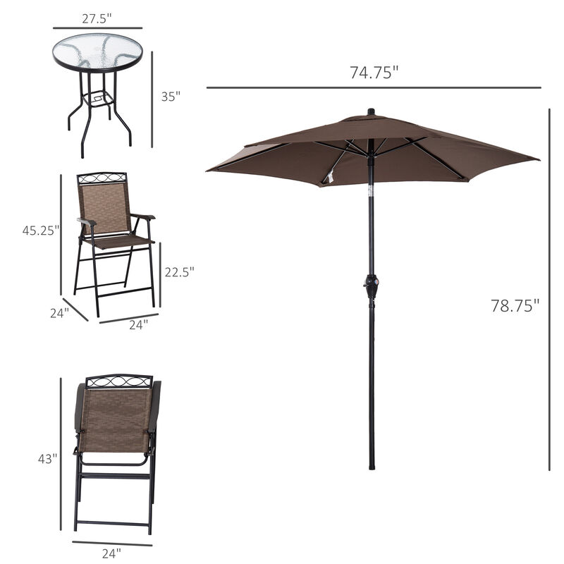 Outsunny 4 Piece Outdoor Patio Dining Furniture Set, 2 Folding Chairs, Adjustable Angle Umbrella, Wave Textured Tempered Glass Dinner Table, Brown