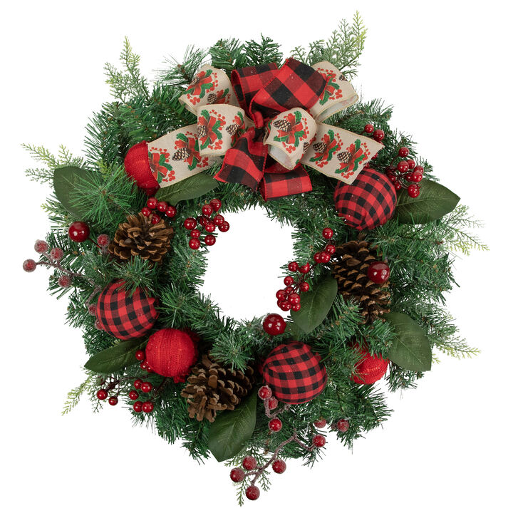 Green Pine Artificial Christmas Wreath with Bows and Plaid Ornaments  24-Inch  Unlit