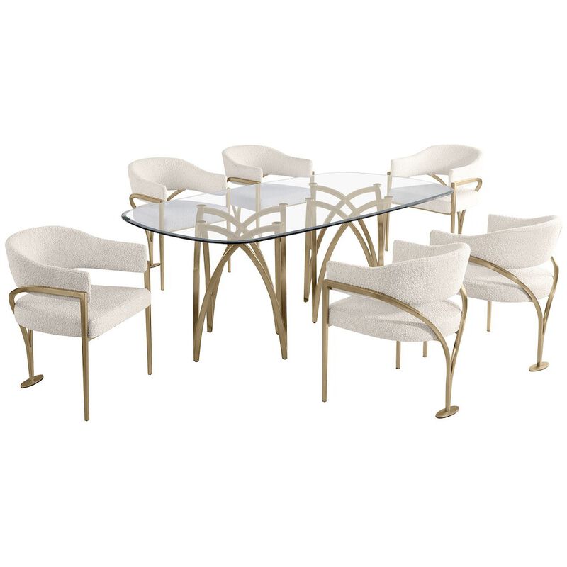 Best Quality Furniture 7Pc Tempered Glass Dining Table Set With 6 Cream With Matte Gold Side Chairs image number 0