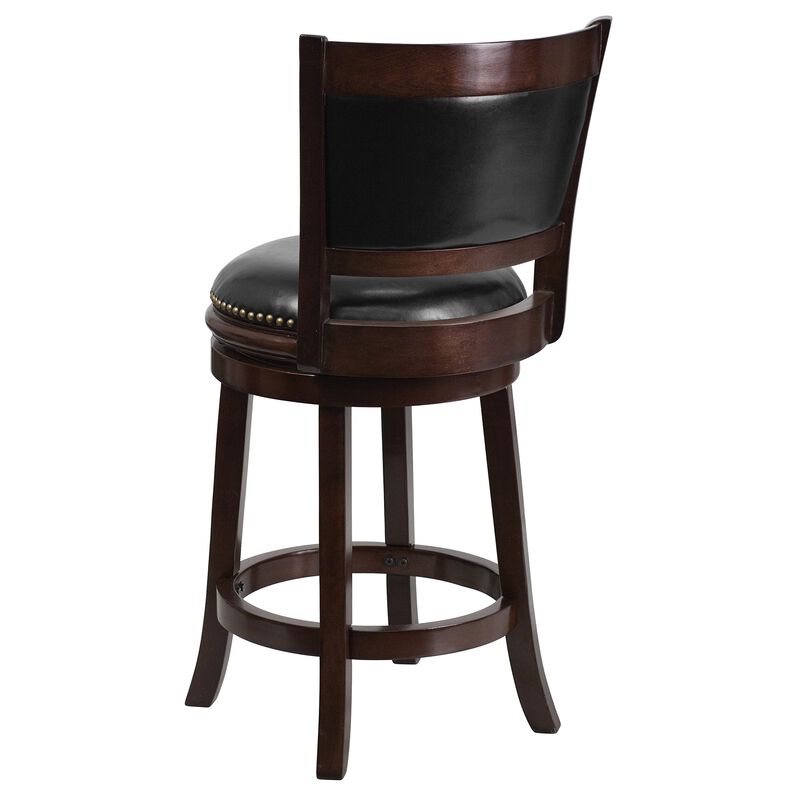 Flash Furniture Mark 24'' High Cappuccino Wood Counter Height Stool with Panel Back and Black LeatherSoft Swivel Seat