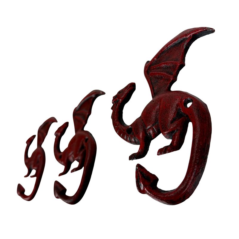 Set Of 3 Dragon Wall Hooks Red Rust Cast Iron Gothic 525 In Decorative image number 2