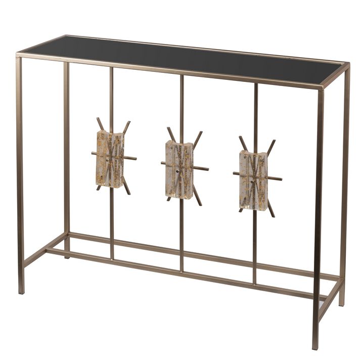 40 Inch Console Table, Black Acrylic Top, Iron Frame, Rectangle, Champagne-Benzara