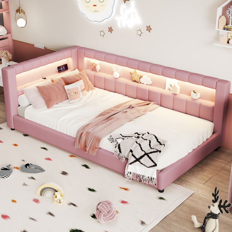 Merax Upholstered Platform Bed with LED Light Strip & USB Charging Port image number 2