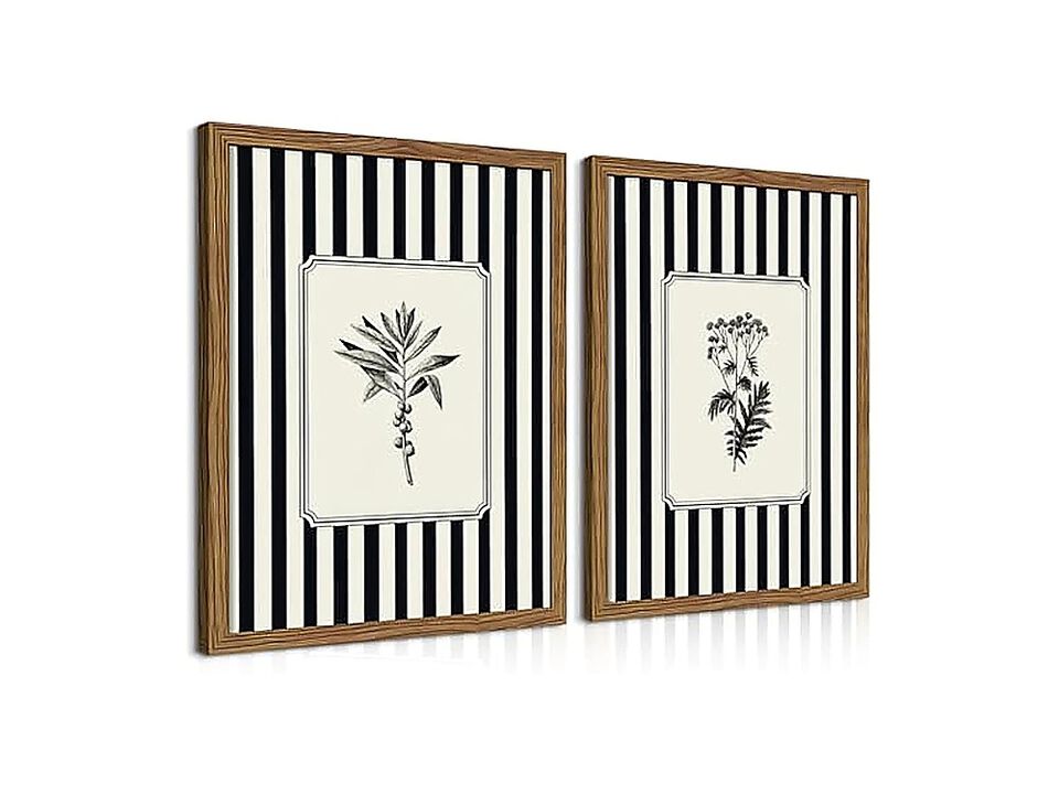 Framed Vintage Botanical Wall Art Set 2 Black White Striped Floral Canvas Decor