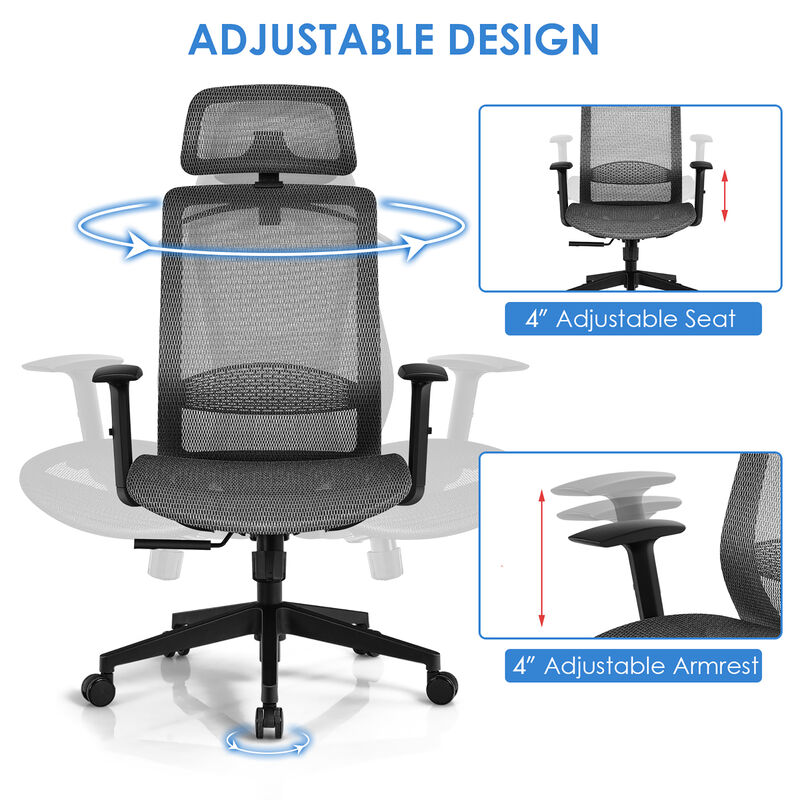 Costway Ergonomic High Back Mesh Office Chair Recliner Task Chair w/Hanger Grey